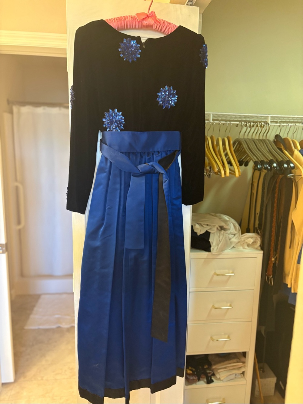Saks Fifth Avenue Black Bodice with Royal Blue Satin Skirt Midi Dress